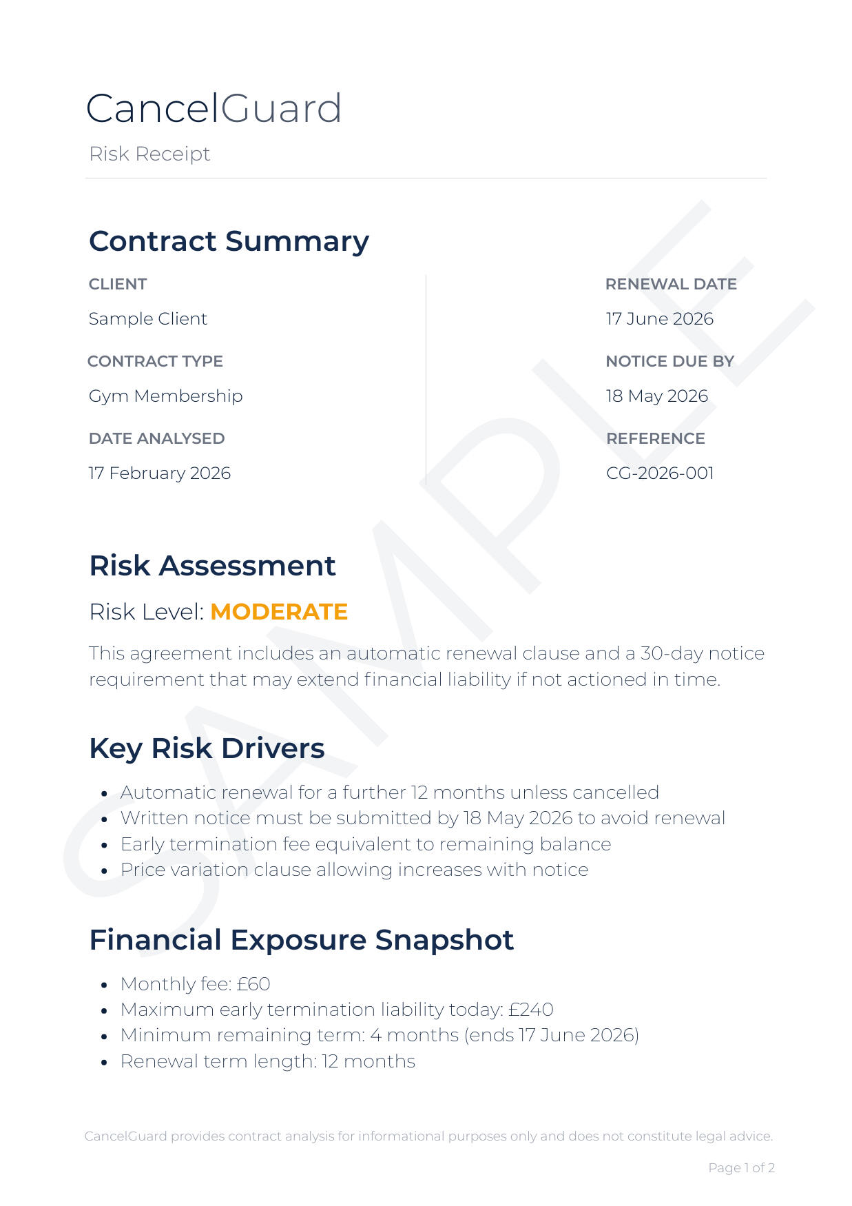 Sample CancelGuard Risk Receipt showing renewal dates and financial exposure summary.